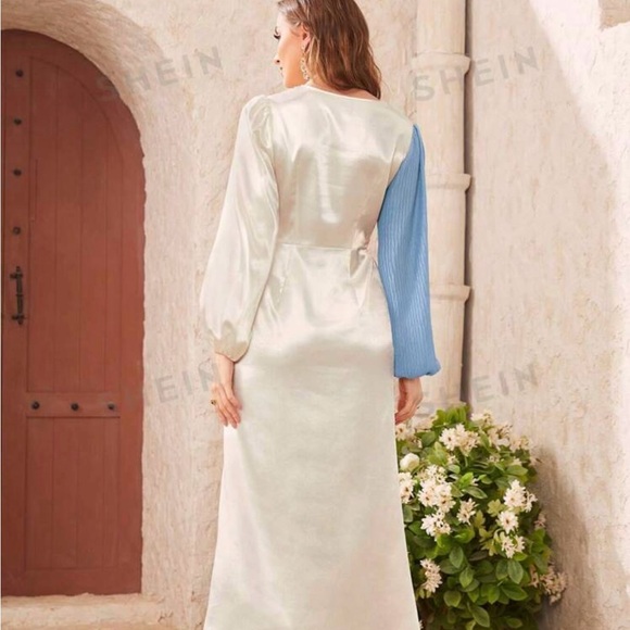 Mulvari Women's Color Block Twisted Strap Weave Patchwork Lantern Sleeve Dress - Picture 4 of 4